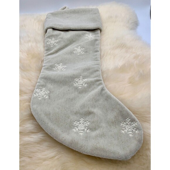 NEW Crate and Barrel Ivory Faux Mohair Velveteen Stocking 21” Snowflake Neutral - Picture 2 of 11
